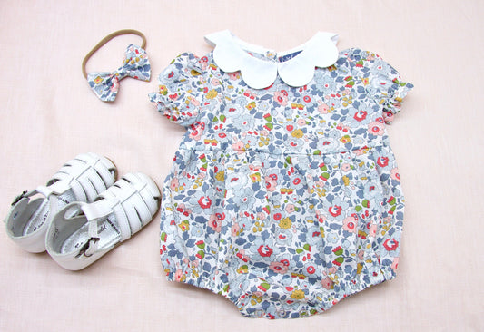 Liberty London baby m and m bubble romper organic cotton, floral animal print, wedding baptism christening outfits first birthday long short sleeves sleeveless, eastern thanksgiving halloween Christmas new born ruffle Peter Pan scalloped petal collar