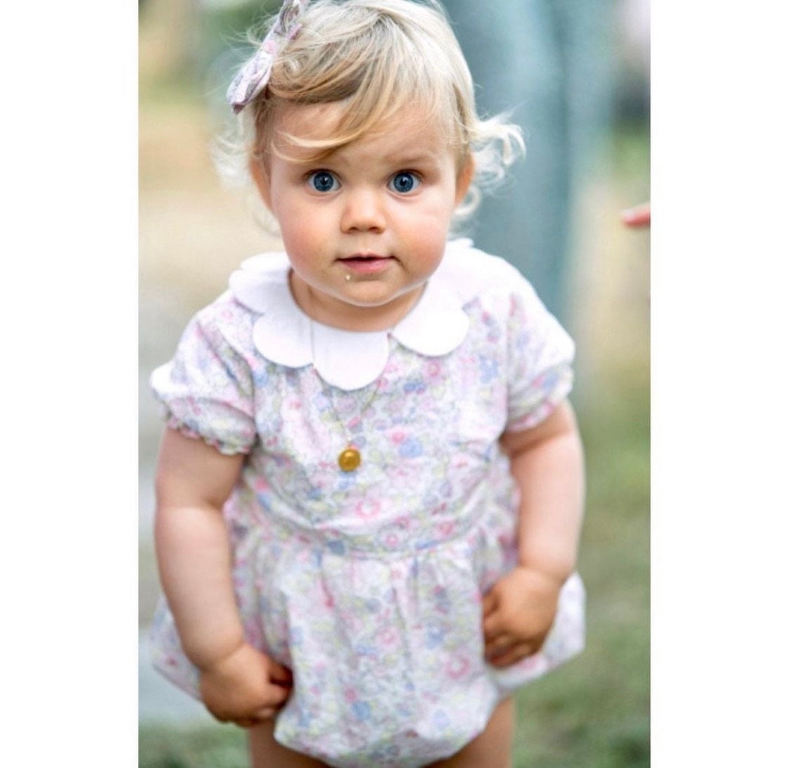 Liberty of London baby bubble romper with short puffy sleeves and scalloped collar - Floral print summer baby romper