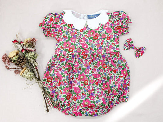 Liberty London baby m and m bubble romper organic cotton, floral animal print, wedding baptism christening outfits first birthday long short sleeves sleeveless, eastern thanksgiving halloween Christmas new born ruffle Peter Pan scalloped petal collar