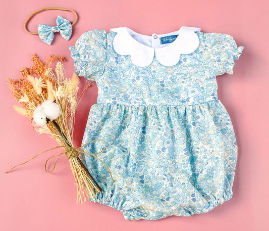 Liberty London baby m and m bubble romper organic cotton, floral animal print, wedding baptism christening outfits first birthday long short sleeves sleeveless, eastern thanksgiving halloween Christmas new born ruffle Peter Pan scalloped petal collar