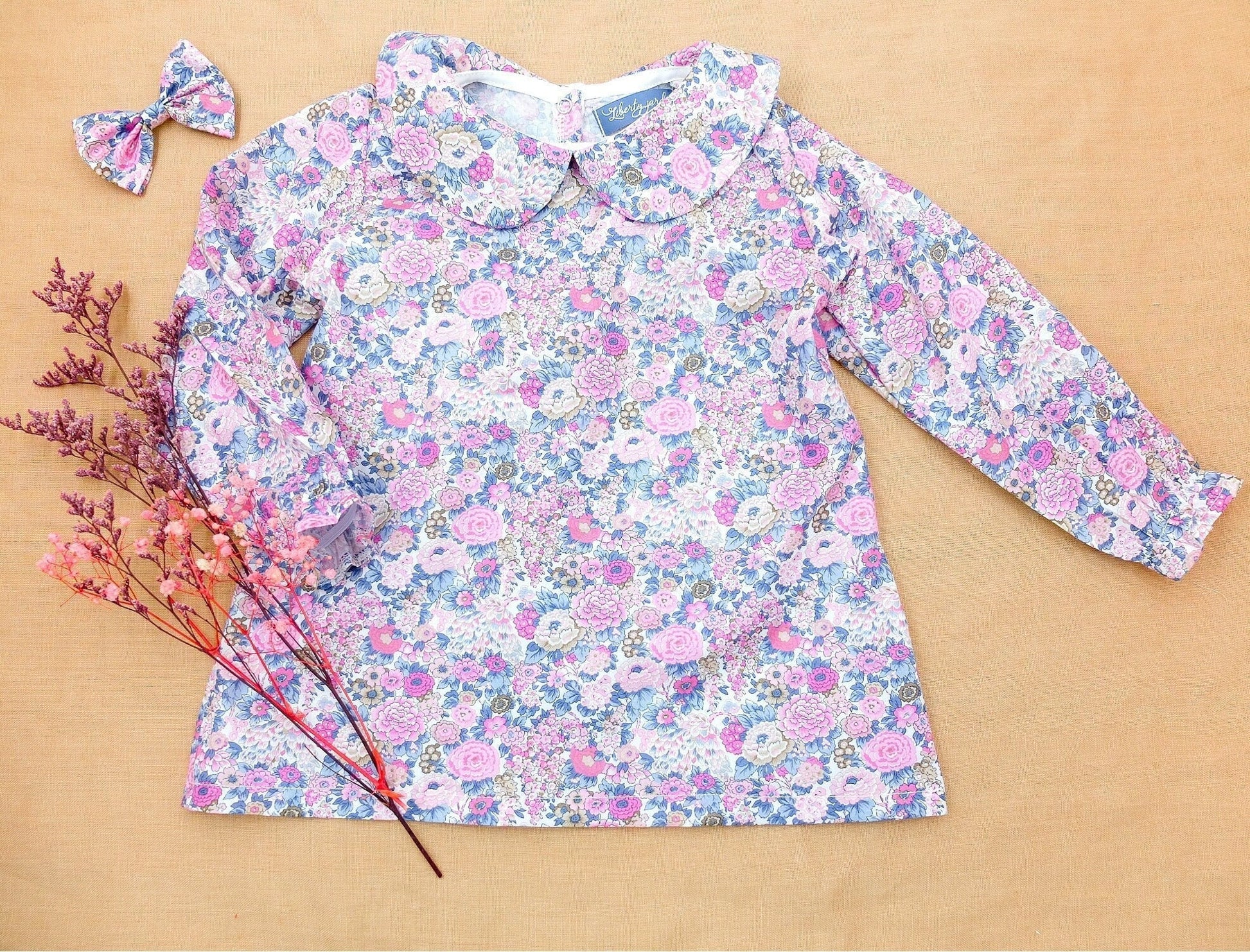 Peter Pan Collar Little Girl Blouse - Liberty Of London Floral Print Fabric - Long Sleeves Girl Blouse - Botanical Ditsy Flower Baby Blouse