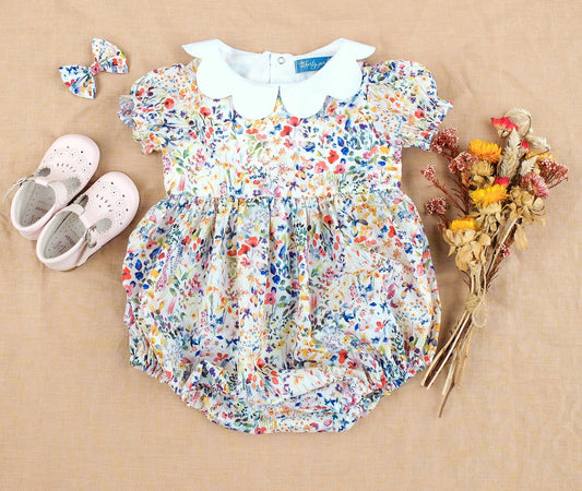 Liberty London baby m and m bubble romper organic cotton, floral animal print, wedding baptism christening outfits first birthday long short sleeves sleeveless, eastern thanksgiving halloween Christmas new born ruffle Peter Pan scalloped petal collar