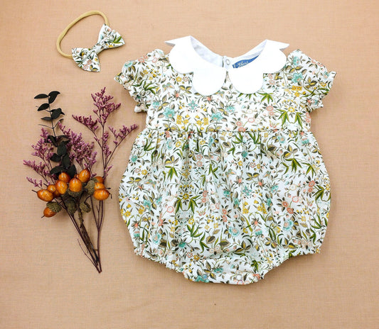 Liberty London baby m and m bubble romper organic cotton, floral animal print, wedding baptism christening outfits first birthday long short sleeves sleeveless, eastern thanksgiving halloween Christmas new born ruffle Peter Pan scalloped petal collar