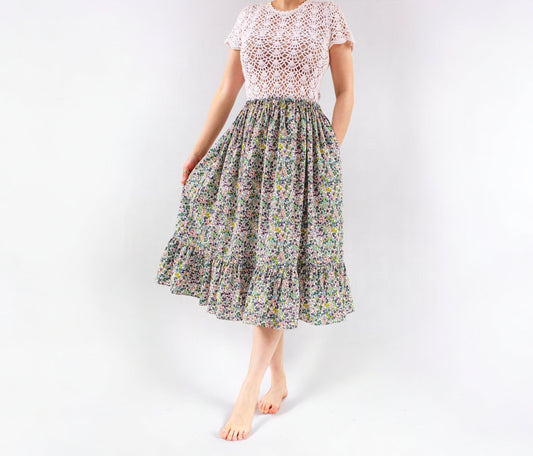 Floral Printed Midi Elastic Ruffle Women Skirt With Pockets