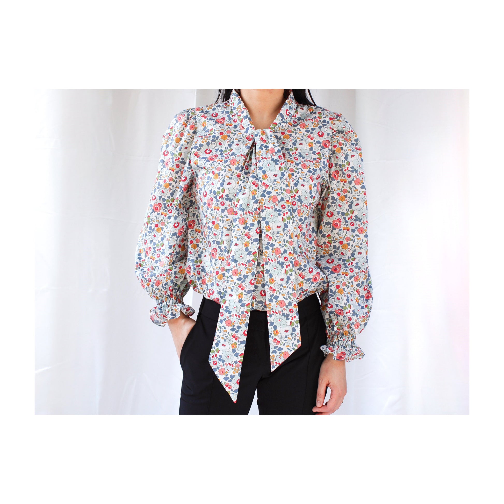 Liberty of London women blouse top shirt organic cotton floral animal print button through puffy short long half 3/4 sleeves sleeveless Peter Pan collar ruffle V-neck pussy bow tie classic office daily wear elegant classy sexy shirt special occasion