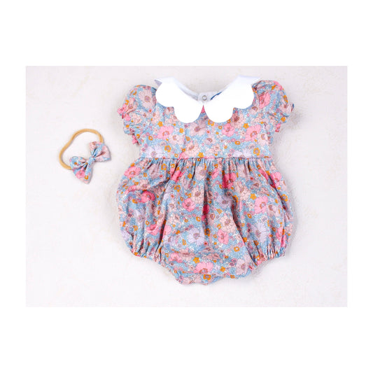 Liberty London baby m and m bubble romper organic cotton, floral animal print, wedding baptism christening outfits first birthday long short sleeves sleeveless, eastern thanksgiving halloween Christmas new born ruffle Peter Pan scalloped petal collar