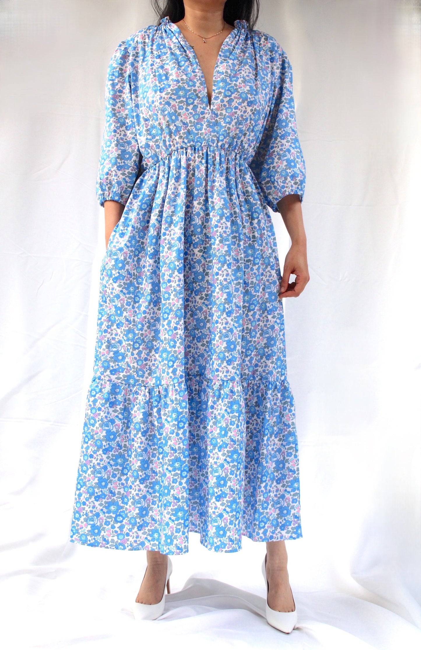 Tiered Maxi V Neck Long Sleeves Dress - Liberty of London Floral Print Dress - Smock Floral Dress