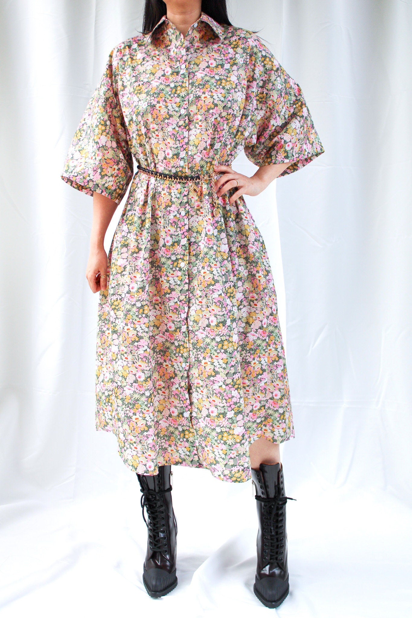 Oversize Shirt Dress - Liberty of London Floral Print Fabric - 3/4 Sleeves Dress - Ditsy Floral Midi Dress