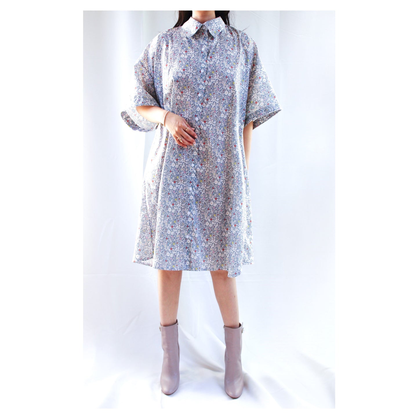 Oversize Shirt Dress - Liberty of London Floral Print Fabric - 3/4 Sleeves Dress - Ditsy Floral Midi Dress