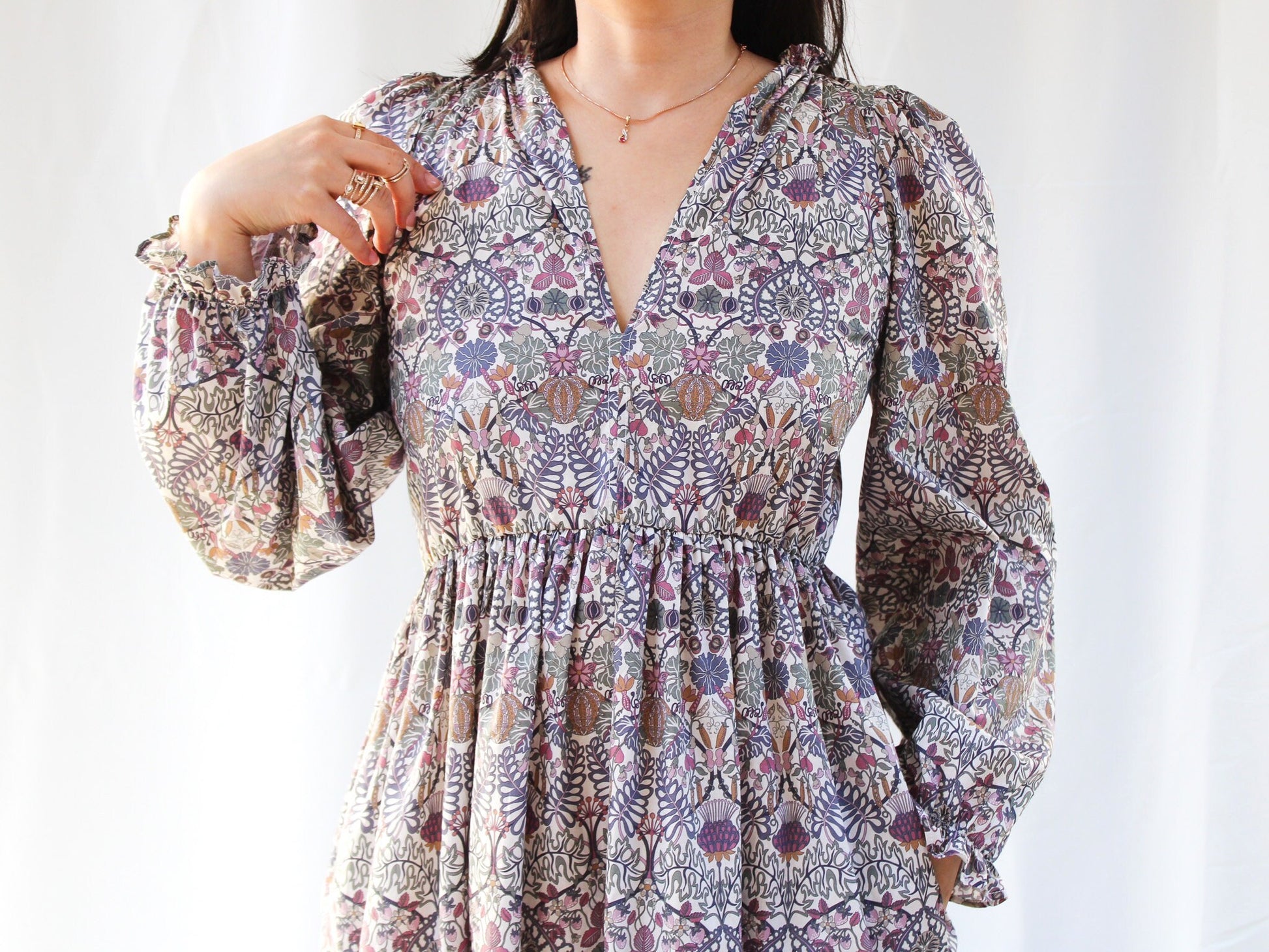 Tiered V Neck Midi Long Sleeves Dress - Liberty of London Floral Print Dress - Smock Floral Dress