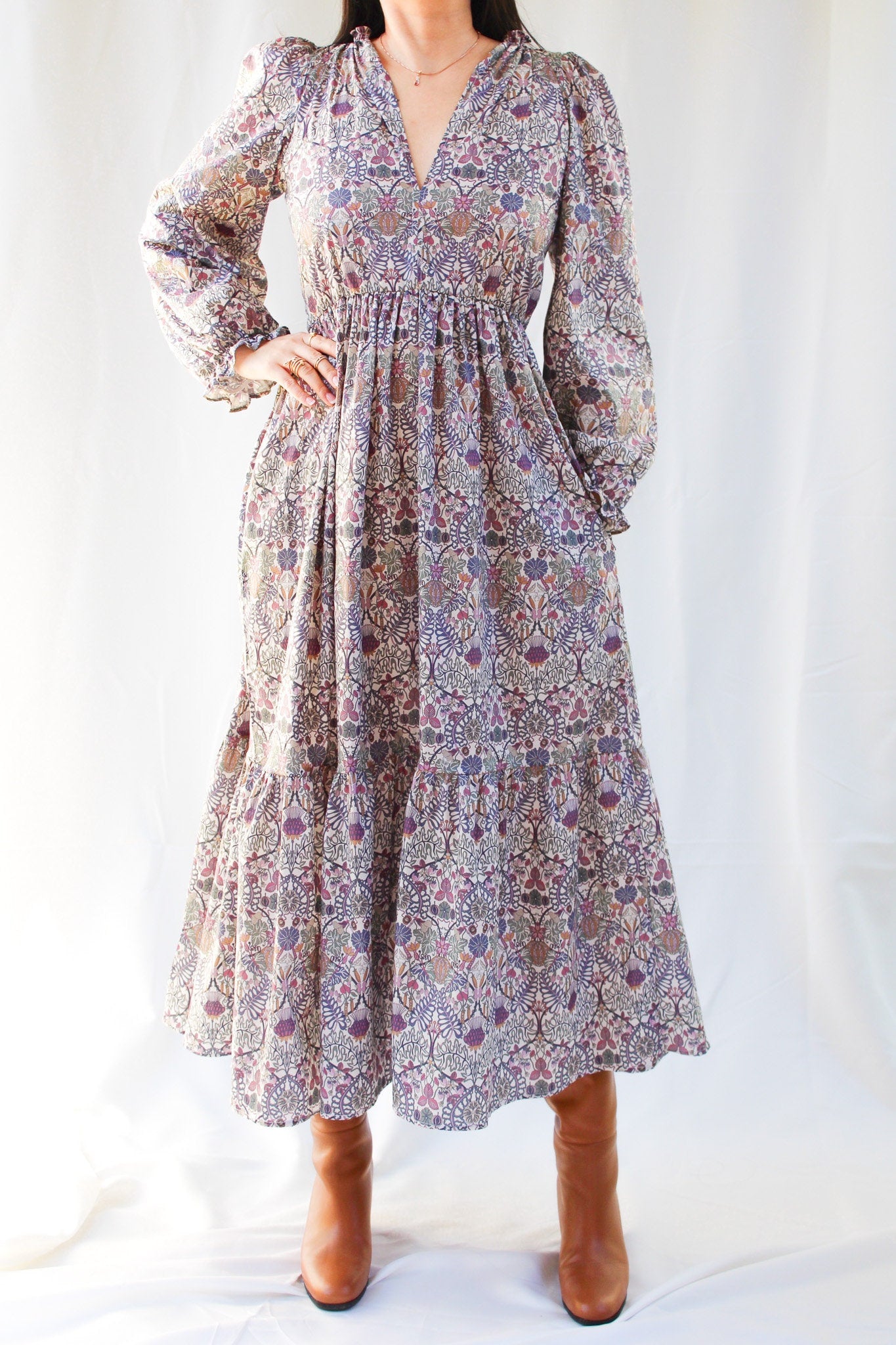 Long Sleeves V Neck Midi Dress - Liberty of London Woman Floral Print Dress - Smock Shirred Dress - Tiered Midi Autumn Dress - Cotton Flower