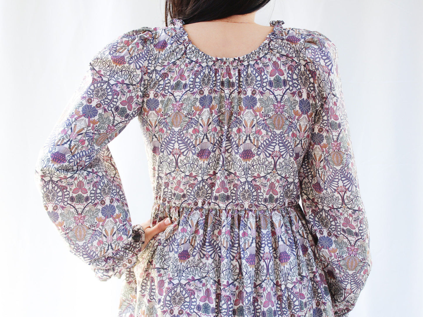 Tiered V Neck Midi Long Sleeves Dress - Liberty of London Floral Print Dress - Smock Floral Dress