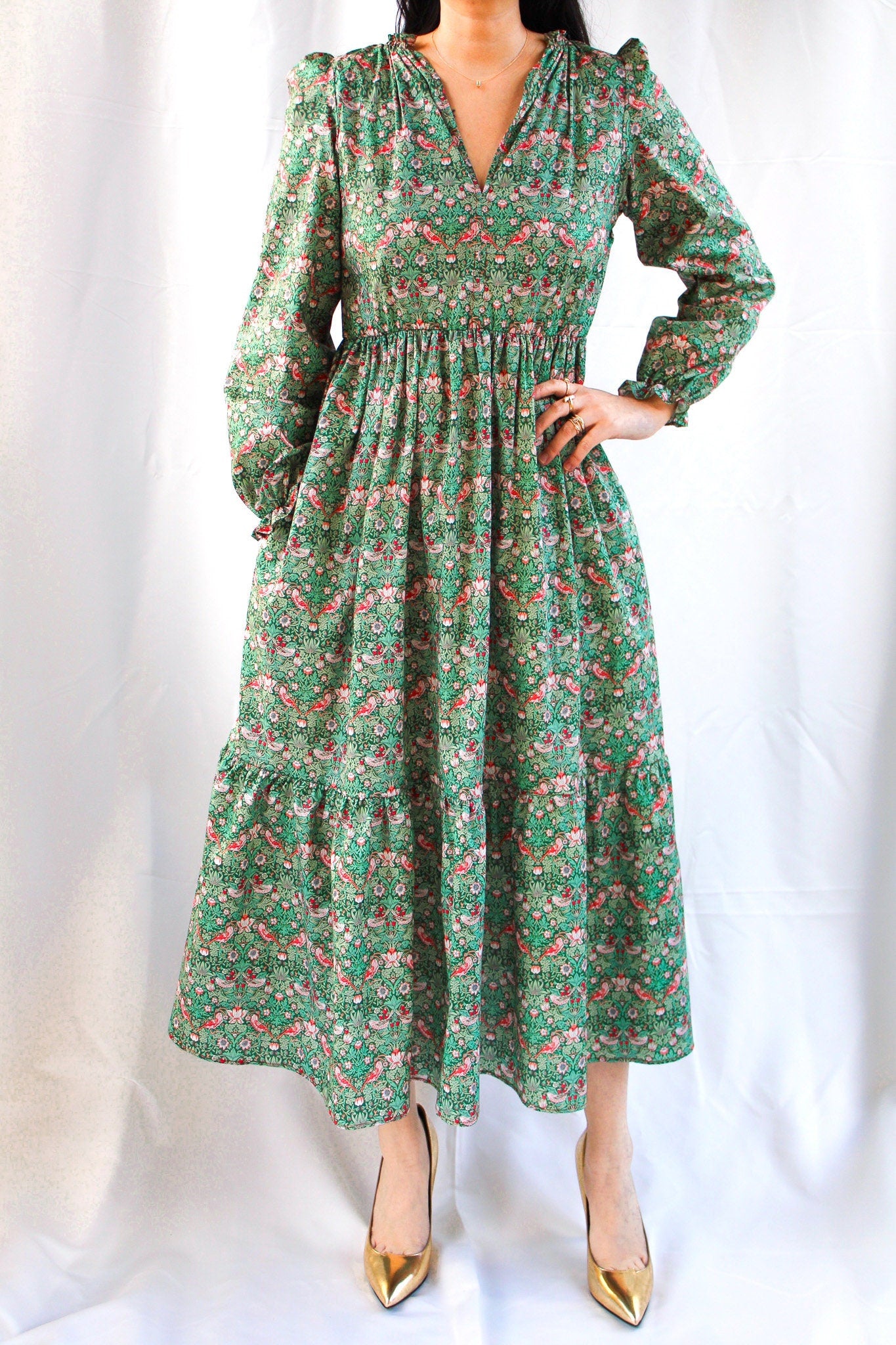 Tiered V Neck Midi Long Sleeves Dress - Liberty of London Floral Print Dress - Smock Floral Dress