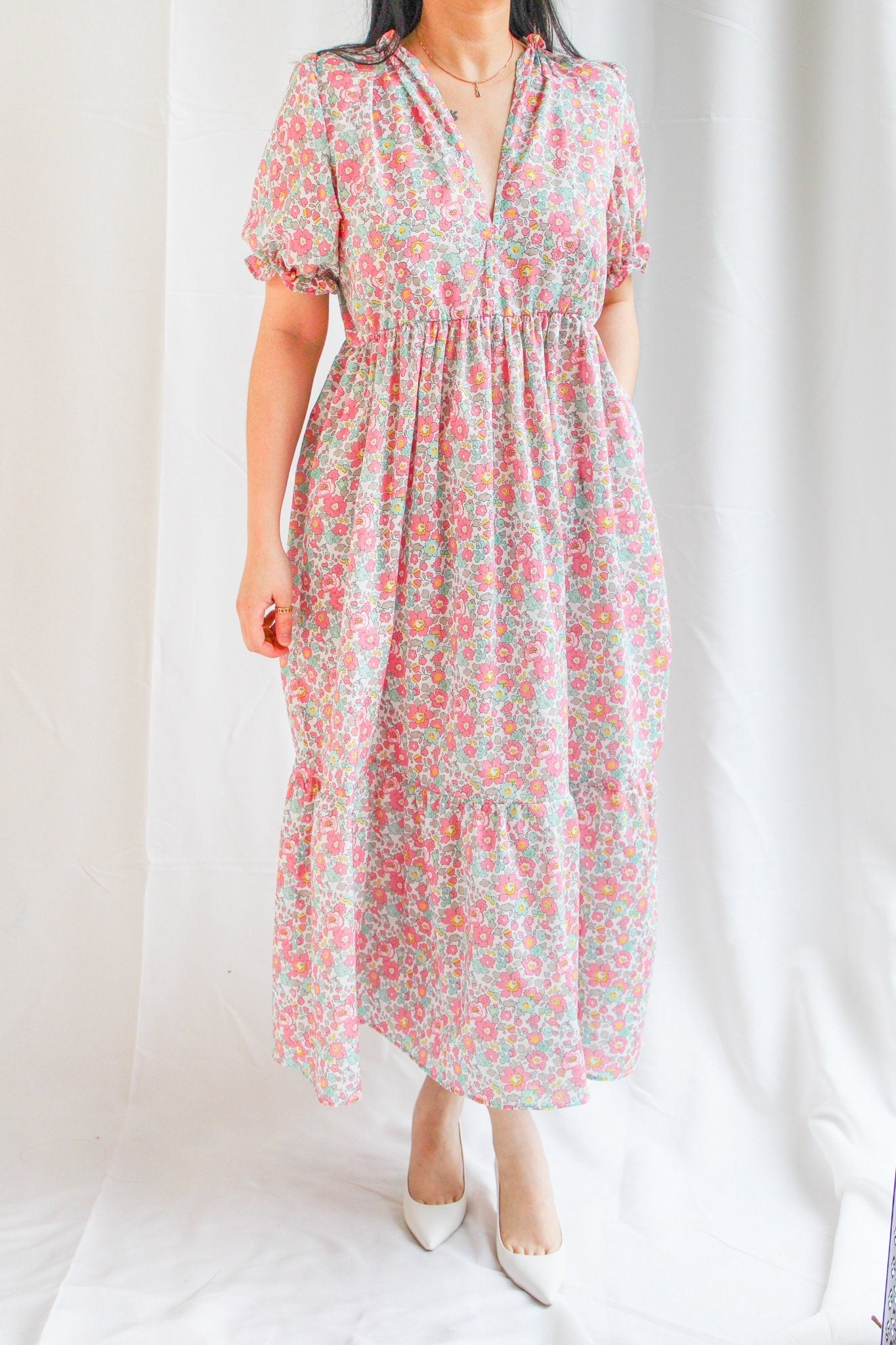 Tiered V Neck Midi Half Sleeves Dress - Liberty of London Floral Print Dress - Smock Floral Dress