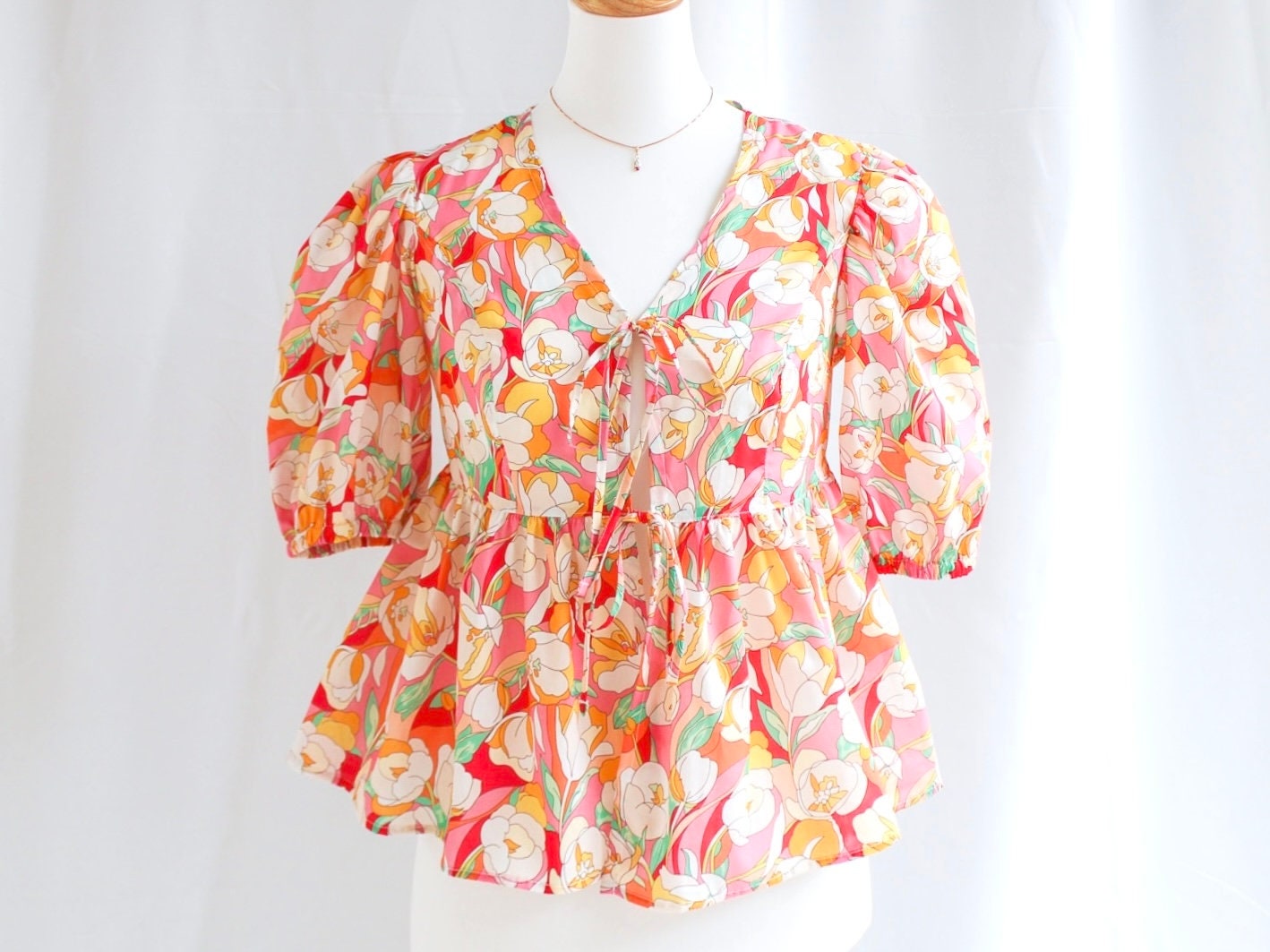 Liberty London V Neck Peplum Tie Half Sleeves Floral Print Women Blouse