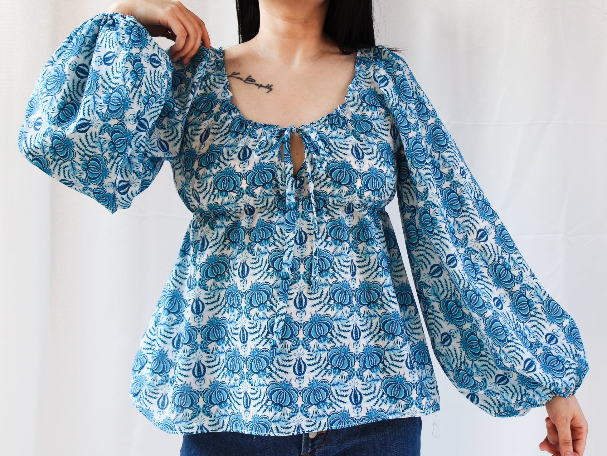 Liberty London Boho Women Blouse Round Neck Peplum Long Sleeves