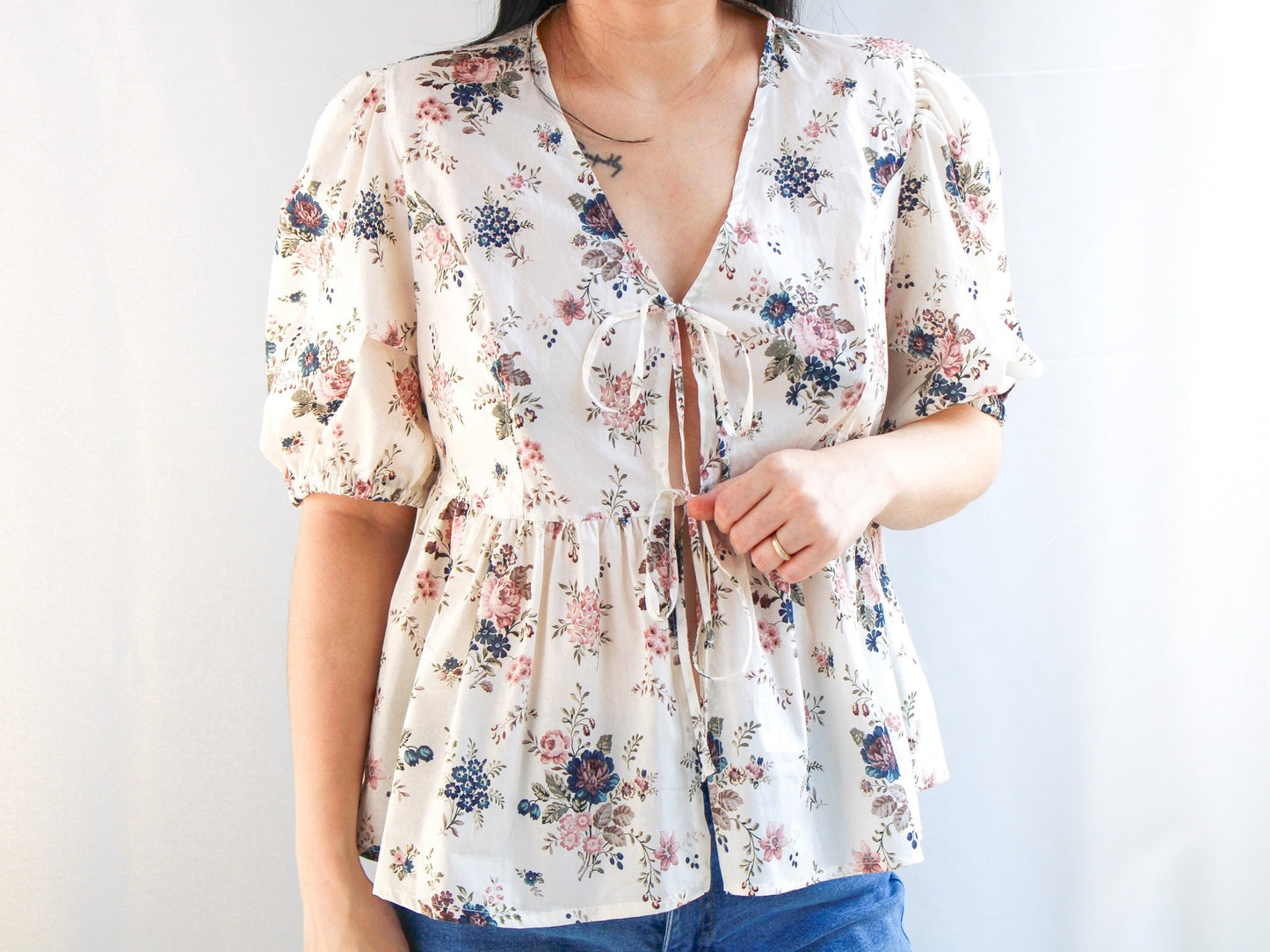 Liberty London V Neck Peplum Tie 3/4 Sleeves Floral Print Women Blouse