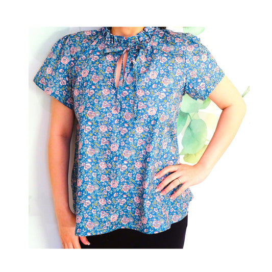 SAMPLE SALE - READY to ship Liberty London women blouse victorian ruffle neck short sleeves relax loose fit floral print elegant boho style