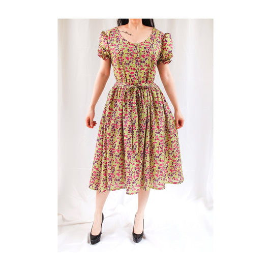 SAMPLE SALE - READY to ship Liberty midi women dress loose fit with deep round neck and puffed short sleeves floral print boho dress